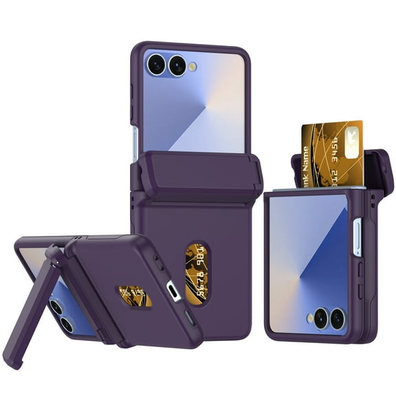 Compatible with Samsung Galaxy Z Flip 7 FE/6 Phone Case,With Card Slot,Contractile Kickstand,Spring Hinge Closure,Shockproof Ultra Slim Anti-Scratch Durable Rugged Phone Case,Darkpurple