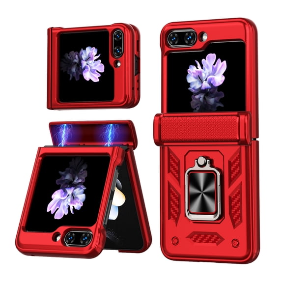 Compatible with Samsung Galaxy Z Flip 7 FE / Samsung Galaxy Z Flip 6 Case, with Spring Hinge Protection + 360 Degree Rotating Ring Kickstand, Heavy Duty Hard PC Phone Cover, Red