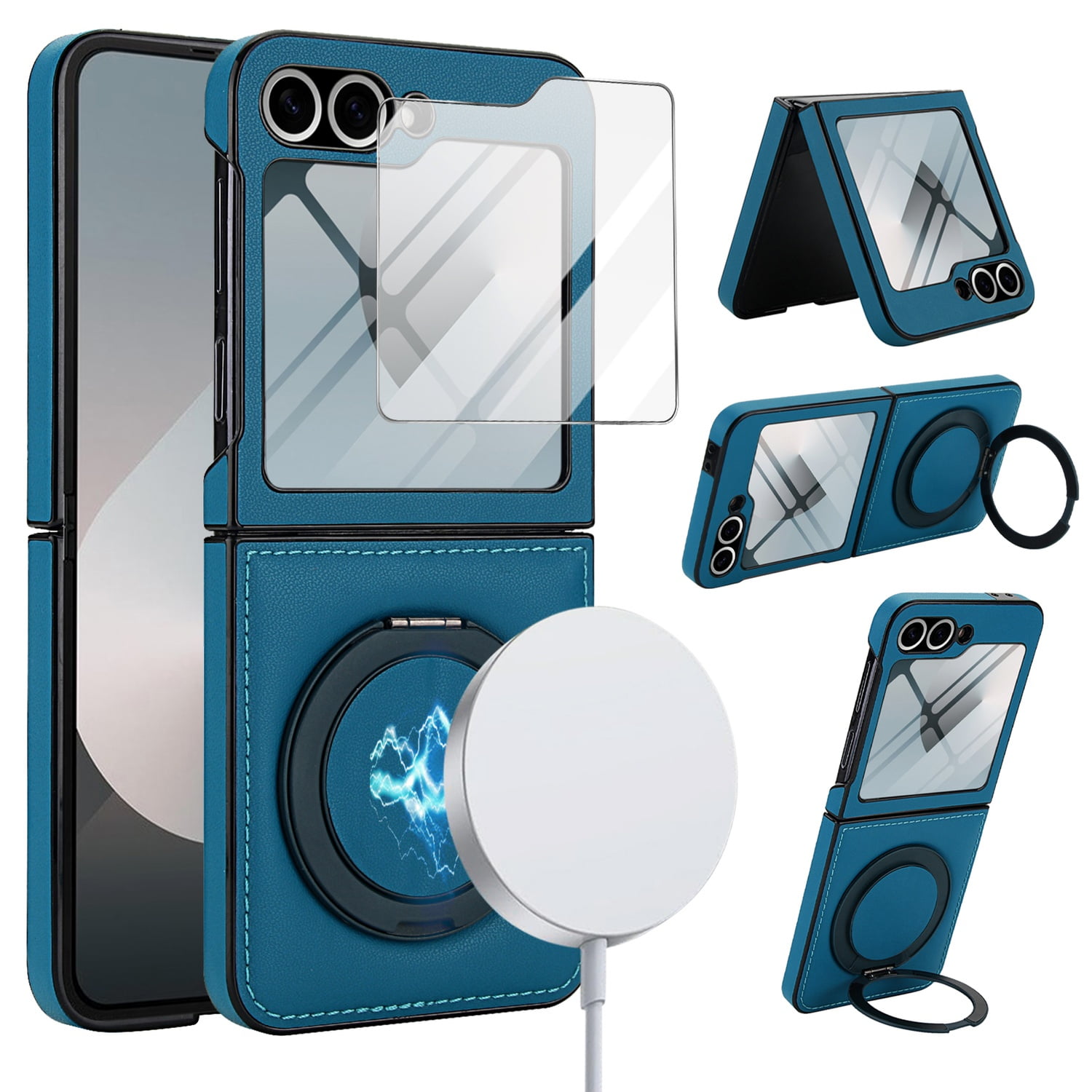 Compatible with Samsung Galaxy Z Flip 7 Phone Case,Built-in Screen Protector,360° Rotatable Ring Kickstand,Compatible with Mag-Safe,Anti-Scratch Leather Shockproof Rugged Phone Case,Blue