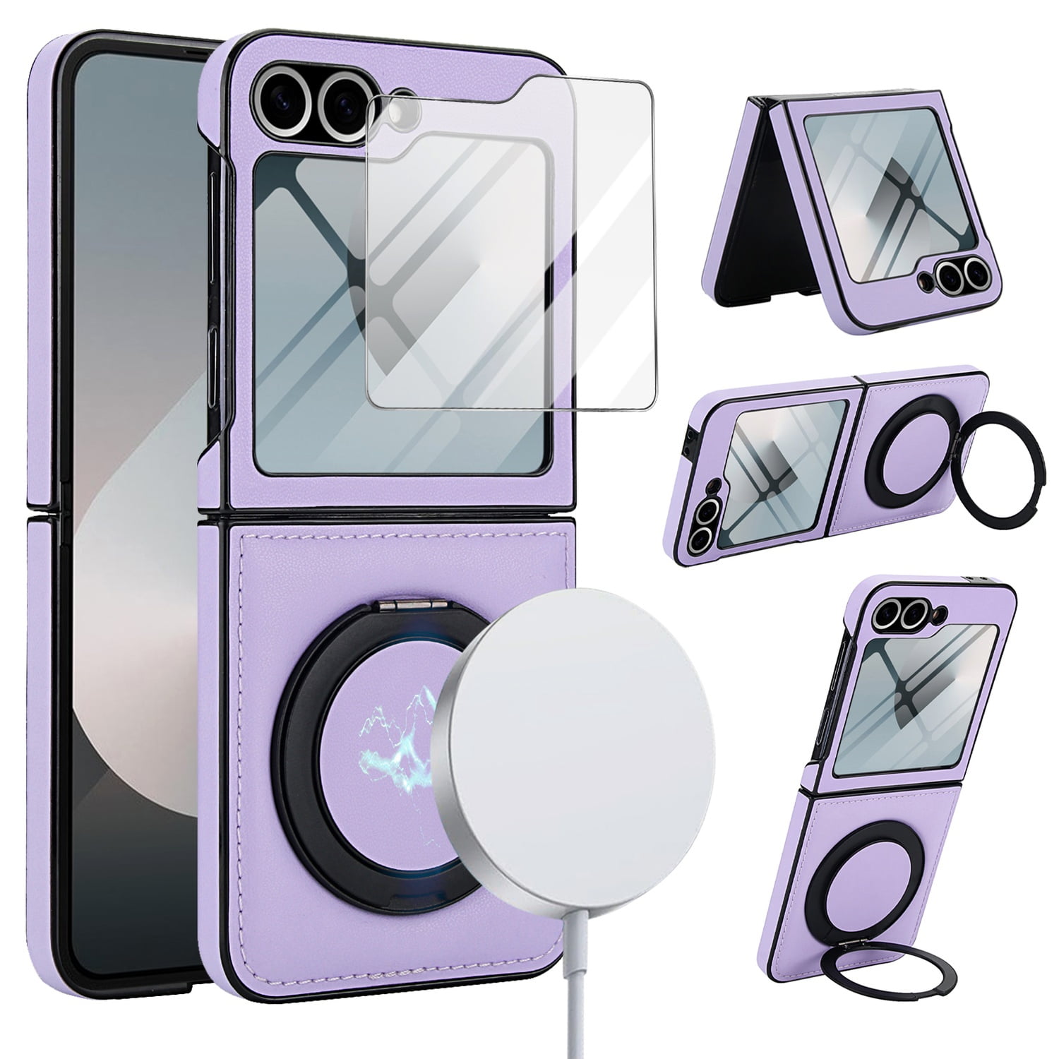Compatible with Samsung Galaxy Z Flip 7 Phone Case,Built-in Screen Protector,360° Rotatable Ring Kickstand,Compatible with Mag-Safe,Anti-Scratch Leather Shockproof Rugged Phone Case,Lightpurple