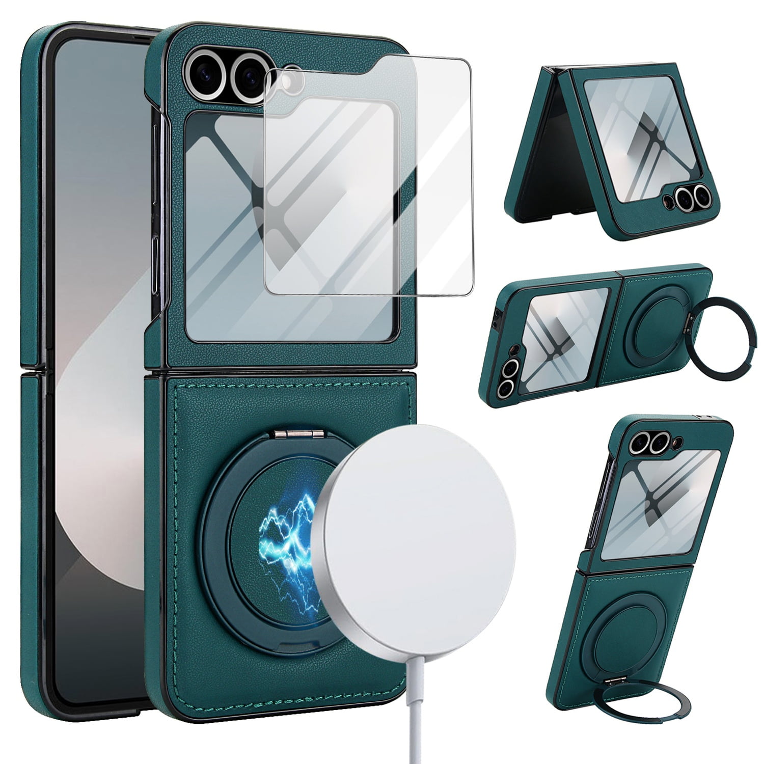Compatible with Samsung Galaxy Z Flip 7 Phone Case,Built-in Screen Protector,360° Rotatable Ring Kickstand,Compatible with Mag-Safe,Anti-Scratch Leather Shockproof Rugged Phone Case,Green