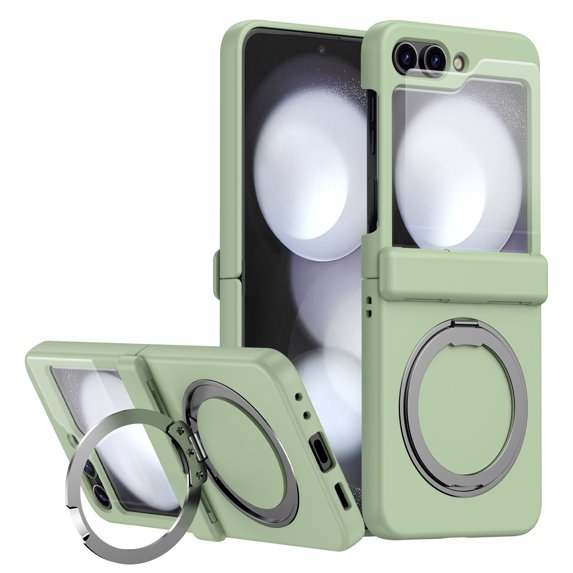 Compatible with Samsung Galaxy Z Flip 7 Phone Case,Support Wireless charging,With Rotatable Contractile Ring Kickstand,Built-in Screen Protector,Shockproof Rugged Phone Case,Lightgreen