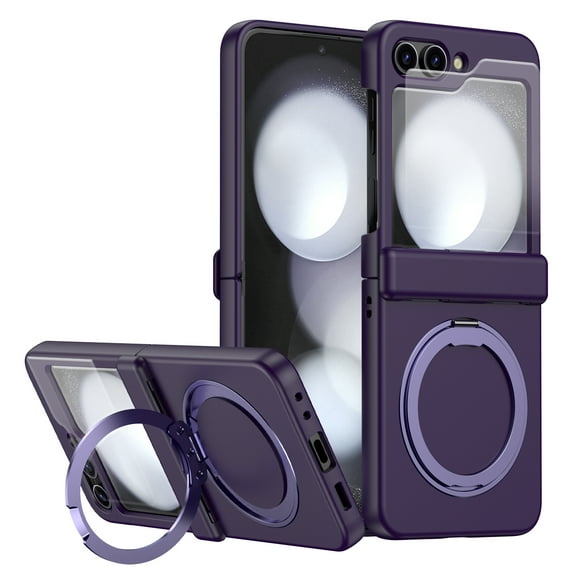 Compatible with Samsung Galaxy Z Flip 7 Phone Case,Support Wireless charging,With Rotatable Contractile Ring Kickstand,Built-in Screen Protector,Shockproof Rugged Phone Case,Darkpurple