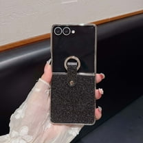 Compatible with Samsung Galaxy Z Flip 7 Phone Case,With Diamond Metal Ring Holder,Bling Glitter Back Design,Electroplated Bumper PU Leather Shockproof Anti-Scratch Phone Case,Black