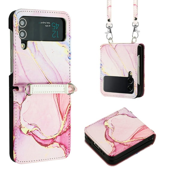 Compatible for Samsung Galaxy Z Flip4 Crossbody Slim Folding Case, Marble Pattern Luxury PU Leather Detachable Shoulder Strap Lanyard Shockproof Cover for Women Girls,Rosegold