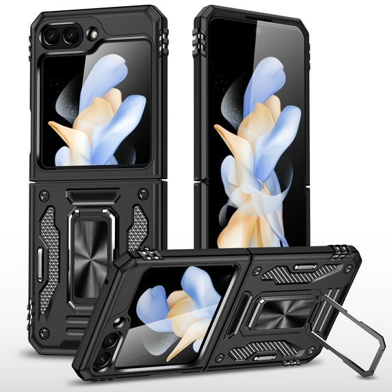 Compatible for Samsung Galaxy Z Flip5 Rugged Case with Ring Kickstand, Compatible with Magnetic Car Mount, Military Grade Hybrid PC + TPU Heavy Duty Shockproof Protective Case,Black