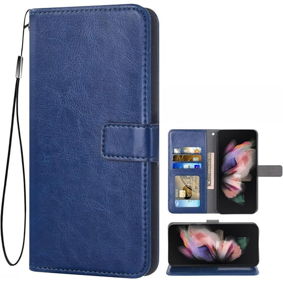 Compatible with Samsung Galaxy Z Fold 3 5G 2021 Wallet Case and Leather Flip Cover Card Holder Stand Cell Accessories Phone Cases for Gaxaly ZFold3 Z3 Fold3 3Z ZFold35G Women Men Blue