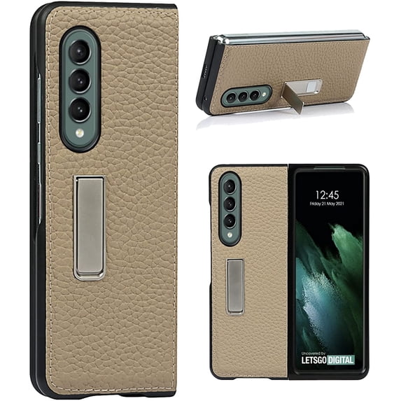 Compatible with Samsung Galaxy Z Fold 3 5G Case,Built-in Alloy Stand Feature Litchi Pattern Genuine Leather Basic Case for Samsung Galaxy Z Fold 3 5G,Light Gray