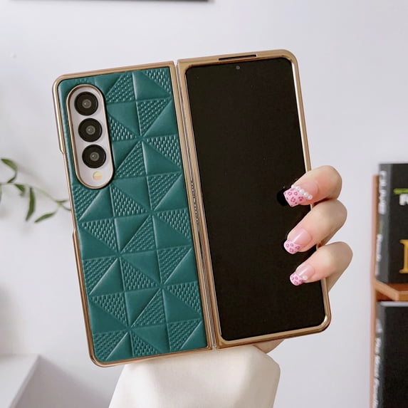 Compatible with Samsung Galaxy Z Fold 3 5G Case, PC + PU Leather Pattern Luxury Plating Ultra-Thin Drop Protective Phone Case Cover for Samsung Galaxy Z Fold 3 5G - Darkgreen