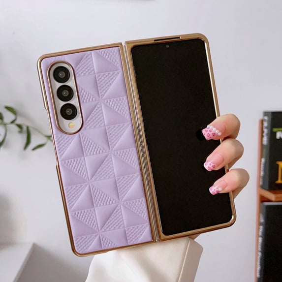 Compatible with Samsung Galaxy Z Fold 3 5G Case, PC + PU Leather Pattern Luxury Plating Ultra-Thin Drop Protective Phone Case Cover for Samsung Galaxy Z Fold 3 5G - Purple