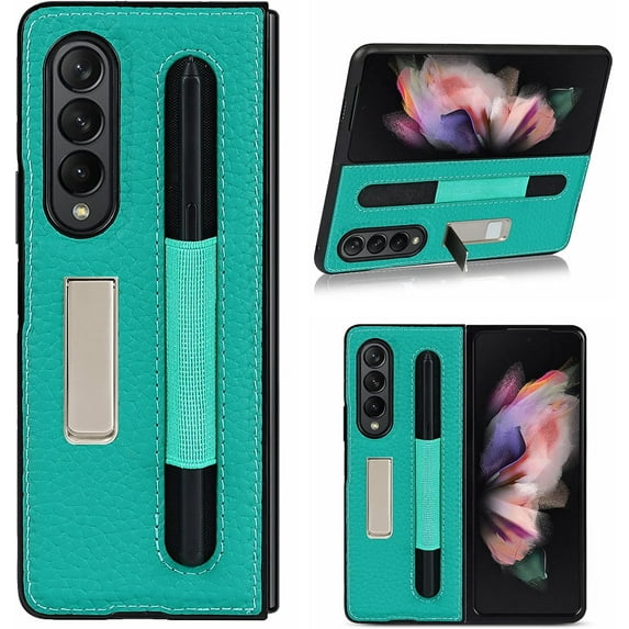 Compatible with Samsung Galaxy Z Fold 3 5G Case,Z Fold3 Case with S Pen Holder,Built-in Alloy Stand Feature Litchi Pattern Genuine Leather Basic Case for Samsung Galaxy Z Fold 3 5G,Green