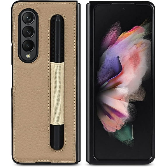 Compatible with Samsung Galaxy Z Fold 3 5G Case,Z Fold3 Case with S Pen Holder,Light Weight Slim Litchi Pattern Genuine Leather Basic Case for Samsung Galaxy Z Fold 3 5G,Light Gray
