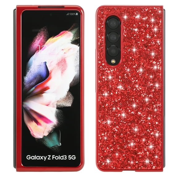 Compatible with Samsung Galaxy Z Fold 3 Glitter Plating Case, Luxury Bling Sparkly Shiny Cute Soft TPU Plating Bumper Raised Camera Shockproof Back Cover Wireless Charging for Women Girl, Red