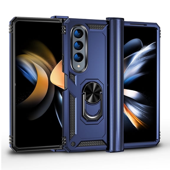 Asuwish Compatible with Samsung Galaxy Z Fold 4 5G 2022 Phone Case Slim Magnetic Ring Holder Stand Hybrid Protective Shockproof Cell Cover for ZFold4 Z4 Fold4 4Z ZFold45G Women Men Blue