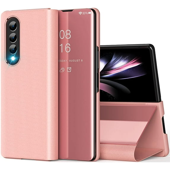 Compatible with Samsung Galaxy Z Fold 4 5G Case Mirror Leather Cover Wallet Slim Clear S-View Shockproof Thin Cover with Kickstand Anti-Scratch Protective Phone Case for Samsung Z Fold 4 5G