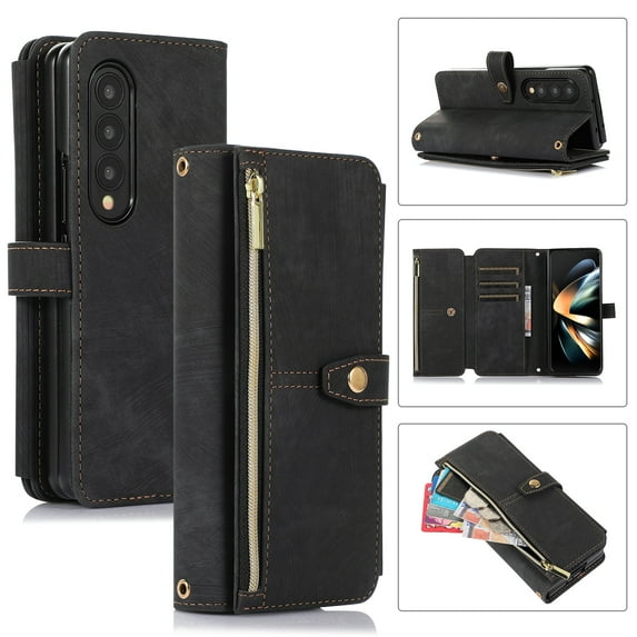 Compatible with Samsung Galaxy Z Fold 4 5G Wallet Case, 2 in 1 Magnetic Wallet Case with Card Holder, Zipper, PU Leather Flip Cover Case with Detachable Long Shoulder Strap,Card Slots, Black