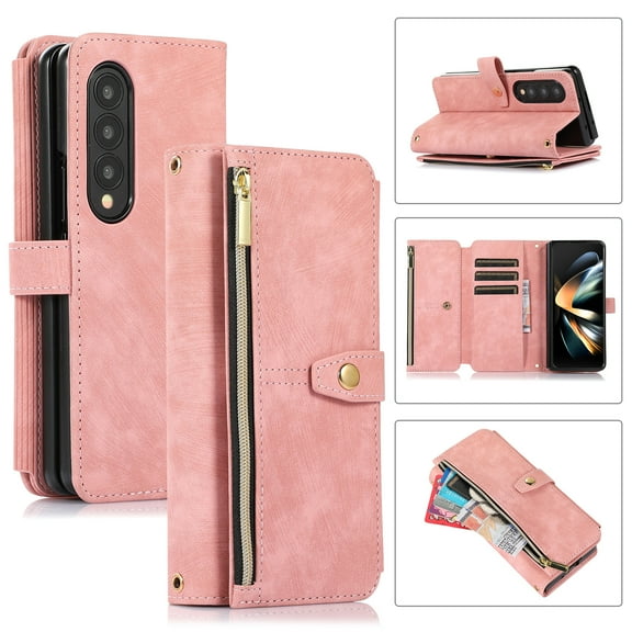 Compatible with Samsung Galaxy Z Fold 4 5G Wallet Case, 2 in 1 Magnetic Wallet Case with Card Holder, Zipper, PU Leather Flip Cover Case with Detachable Long Shoulder Strap,Card Slots, Pink