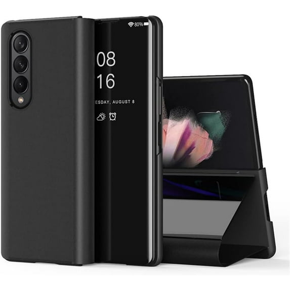 Compatible with Samsung Galaxy Z Fold 4 Case with Kickstand Leather Clear View Makeup Mirror Design Glitter Luxury Shockproof Protective Flip Case for Samsung Galaxy Z Fold 4 Mirror Black QH