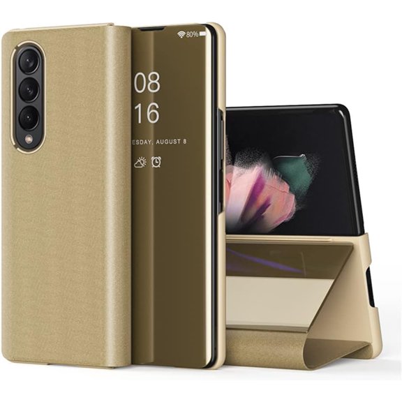 Compatible with Samsung Galaxy Z Fold 4 Case with Kickstand Leather Clear View Makeup Mirror Design Glitter Luxury Shockproof Protective Flip Case for Samsung Galaxy Z Fold 4 Mirror Gold QH