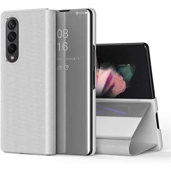 Compatible with Samsung Galaxy Z Fold 4 Case with Kickstand Leather Clear View Makeup Mirror Design Glitter Luxury Shockproof Protective Flip Case for Samsung Galaxy Z Fold 4 Mirror Sliver QH