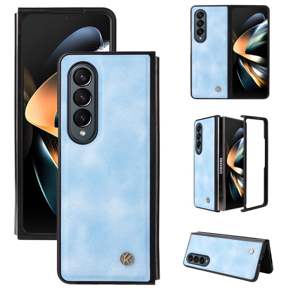 Compatible with Samsung Galaxy Z Fold 4 Case, Retro Shockproof PU Leather + Hard PC Shell Ultra Thin Slim Durable Protective Phone Case Cover for Samsung Galaxy Z Fold 4 5G 2022, Lightblue