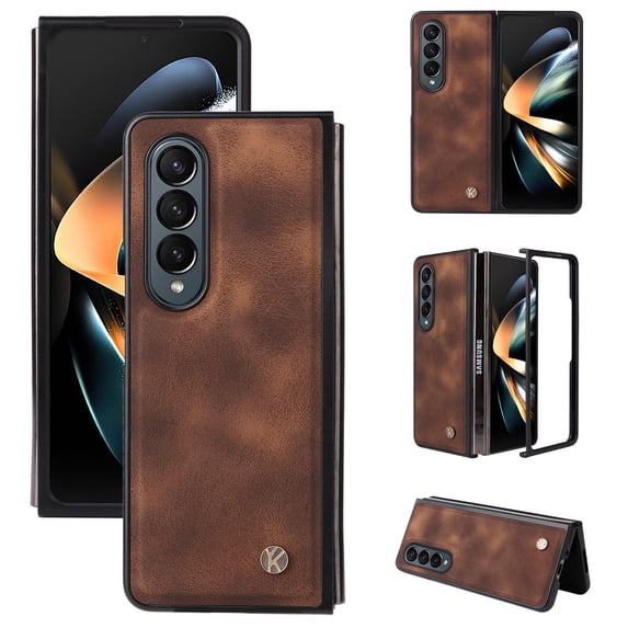 Compatible with Samsung Galaxy Z Fold 4 Case, Retro Shockproof PU Leather + Hard PC Shell Ultra Thin Slim Durable Protective Phone Case Cover for Samsung Galaxy Z Fold 4 5G 2022, Brown