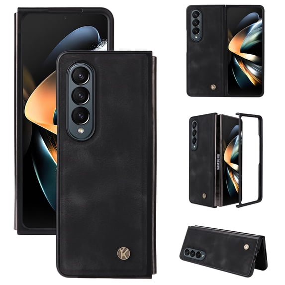 Compatible with Samsung Galaxy Z Fold 4 Case, Retro Shockproof PU Leather + Hard PC Shell Ultra Thin Slim Durable Protective Phone Case Cover for Samsung Galaxy Z Fold 4 5G 2022, Black