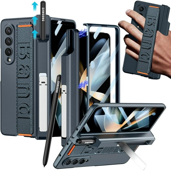 Compatible Samsung Galaxy Z Fold 4 Case with Screen Protector & Hand Strap,All-Inclusive Magnetic Heavy Duty Bumper Case Galaxy Z Fold 4 Phone Case with S Pen Holder,Samsung Z Fold 4 Cases,Green