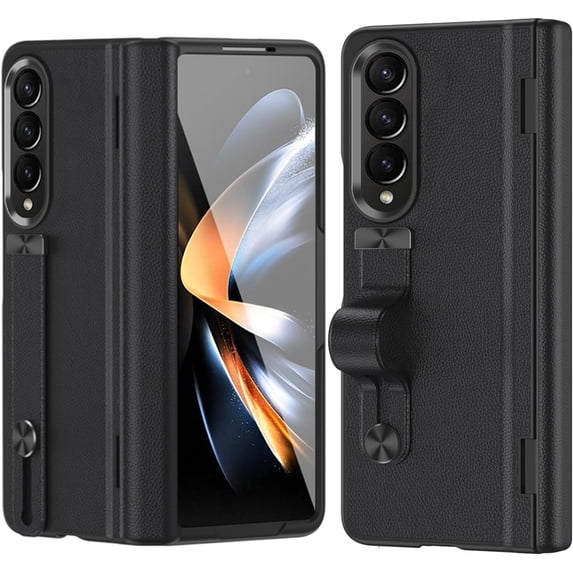 Compatible Samsung Galaxy Z Fold 4 Case with Strap & Screen Protector,Military Grade Protective Leather Hinged Case for Samsung Z Fold 4 Case Leather,Samsung Z Fold 4 Phone Case Wristband Black