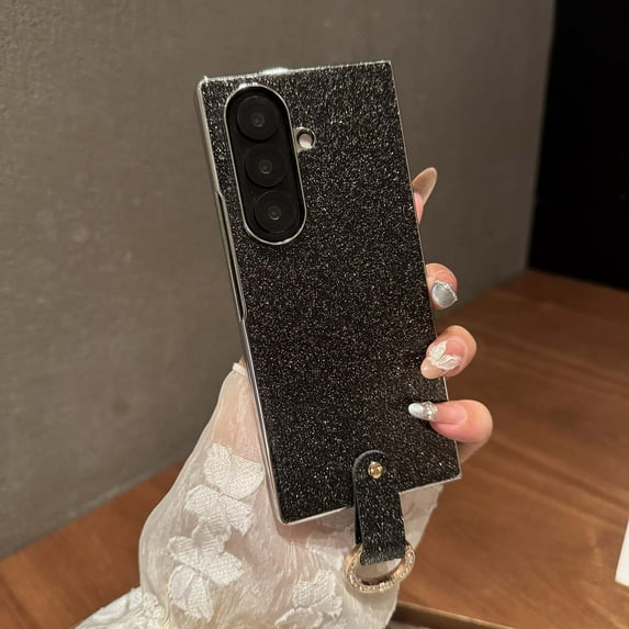 Compatible with Samsung Galaxy Z Fold 4 Phone Case,With Diamond Metal Ring Holder,Bling Glitter Back Design,Electroplated Bumper+PU Leather Shockproof Anti-Scratch Phone Case,Black