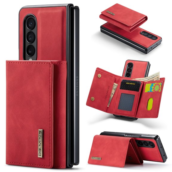 Compatible with Samsung Galaxy Z Fold 4 Removable 2 in 1 Wallet Case,Retro Premium PU Leather Cell Phone Back Cover Magnetic Detachable Trifold Wallet Credit Card Cash Holder Kickstand Case,Red