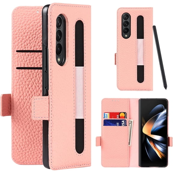 Compatible with Samsung Galaxy Z Fold 4 Wallet Case,Galaxy Z Fold 4 Case with S Pen Holder,Z Fold 4 5G Case with Card Slots Holder,Genuine Leather Flip Cover Case for Galaxy Z Fold4 (Rosegold)