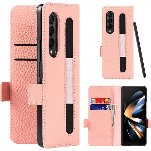 Compatible with Samsung Galaxy Z Fold 4 Wallet Case,Galaxy Z Fold 4 Case with S Pen Holder,Z Fold 4 5G Case with Card Slots Holder,Genuine Leather Flip Cover Case for Galaxy Z Fold4 (Rosegold)