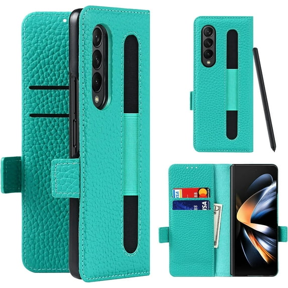 Compatible with Samsung Galaxy Z Fold 4 Wallet Case,Galaxy Z Fold 4 Case with S Pen Holder,Z Fold 4 5G Case with Card Slots Holder,Genuine Leather Flip Cover Case for Galaxy Z Fold4 (Green)