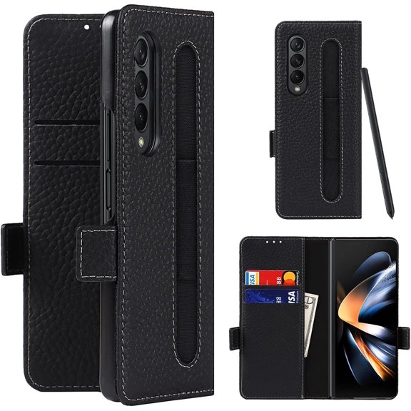 Compatible with Samsung Galaxy Z Fold 4 Wallet Case,Galaxy Z Fold 4 Case with S Pen Holder,Z Fold 4 5G Case with Card Slots Holder,Genuine Leather Flip Cover Case for Galaxy Z Fold4 (Black)