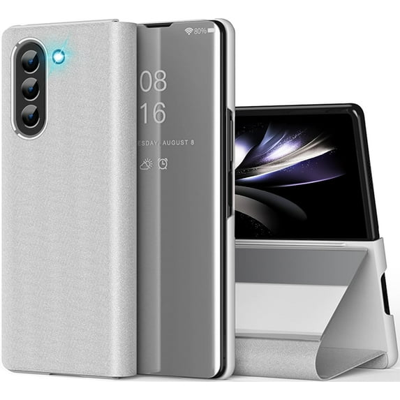 Compatible with Samsung Galaxy Z Fold 5 5G Case Mirror Leather Cover Wallet Slim Clear S-View Shockproof Thin Cover with Kickstand Anti-Scratch Protective Phone Case for Samsung Z Fold 5 5G