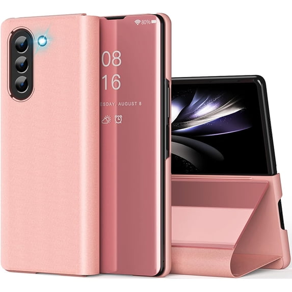 Compatible with Samsung Galaxy Z Fold 5 5G Case Mirror Leather Cover Wallet Slim Clear S-View Shockproof Thin Cover with Kickstand Anti-Scratch Protective Phone Case for Samsung Z Fold 5 5G