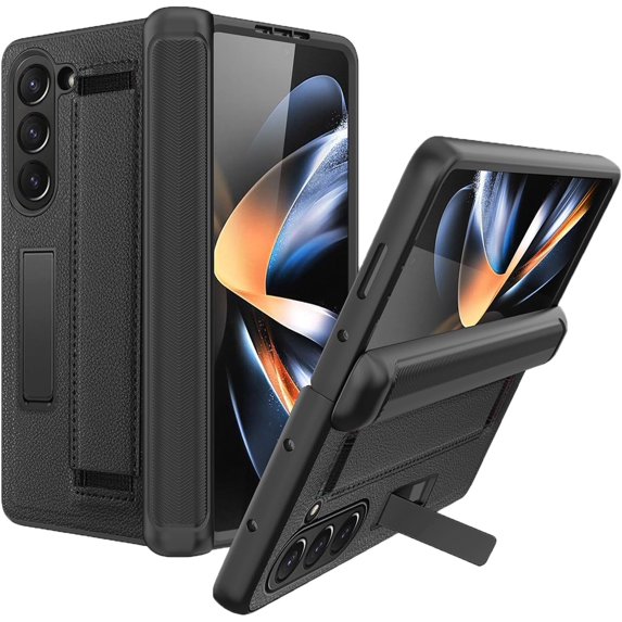 Compatible for Samsung Galaxy Z Fold 5 5G Case with Screen Protector,Hinge Protection Case with Magnetic Kickstand and Wrist Strap Wireless Charging Support for Samsung Galaxy Z Fold 5 5G Black