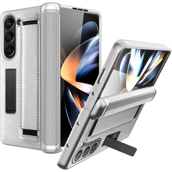 Compatible for Samsung Galaxy Z Fold 5 5G Case with Screen Protector,Hinge Protection Case with Magnetic Kickstand and Wrist Strap Wireless Charging Support for Samsung Galaxy Fold 5 Silvery