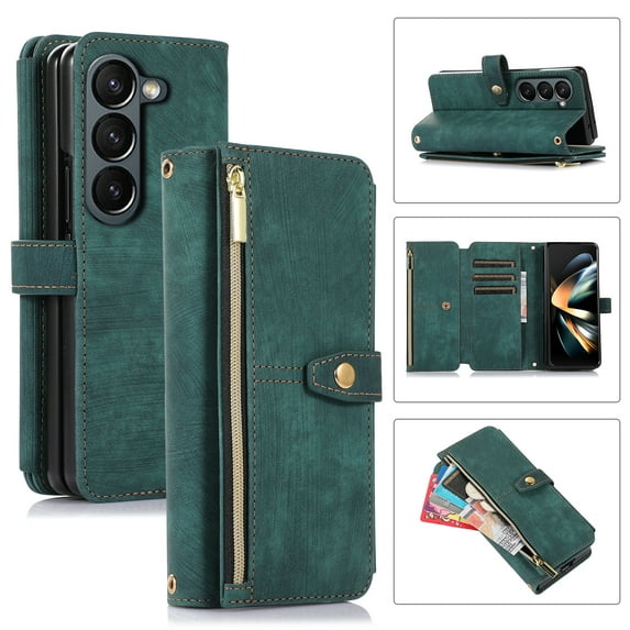 Compatible with Samsung Galaxy Z Fold 5 5G Wallet Case, 2 in 1 Magnetic Wallet Case with Card Holder, Zipper, PU Leather Flip Cover Case with Detachable Long Shoulder Strap,Card Slots, Darkgreen