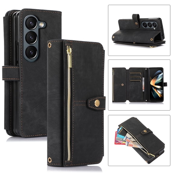 Compatible with Samsung Galaxy Z Fold 5 5G Wallet Case, 2 in 1 Magnetic Wallet Case with Card Holder, Zipper, PU Leather Flip Cover Case with Detachable Long Shoulder Strap,Card Slots, Black