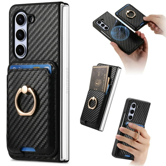 Compatible for Samsung Galaxy Z Fold 5 Carbon Fiber Case with Card Slots Screen Protector, Business Shockproof Protection PC Wallet Cover Ring Holder Kickstand Case for Samsung Galaxy Z Fold 5, Black