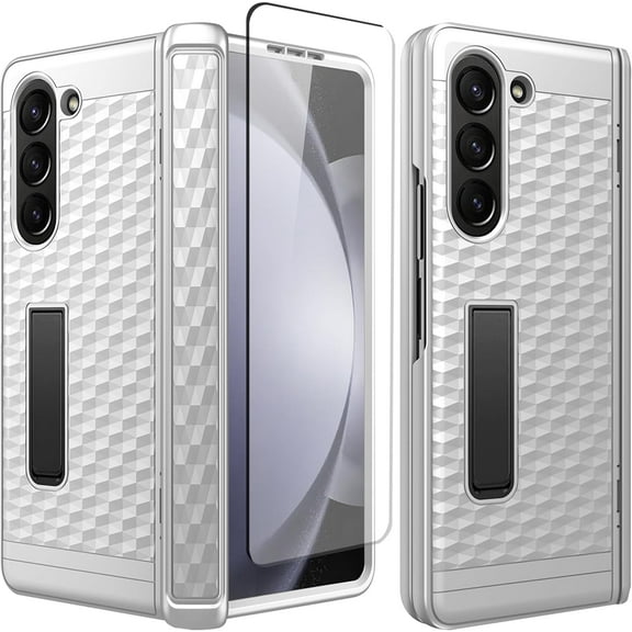 Compatible Samsung Galaxy Z Fold 5 Case with Hinge Protection & Kickstand,Screen Protector Case for Samsung Galaxy Z Fold 5 3D Case,Samsung Z Fold 5 5g Case Galaxy Fold 5 Phone Case Silver