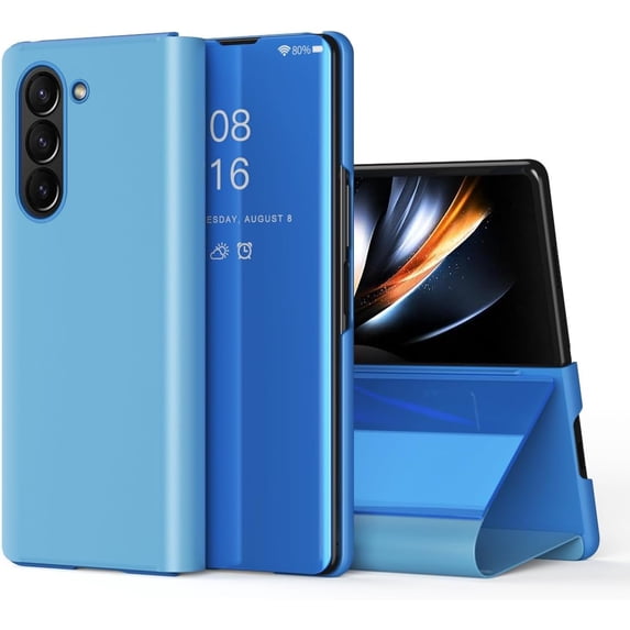 Compatible with Samsung Galaxy Z Fold 5 Case with Kickstand Leather Clear View Makeup Mirror Design Glitter Luxury Shockproof Protective Flip Case for Samsung Galaxy Z Fold 5 Mirror Blue QH