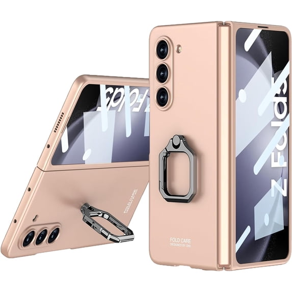 Compatible with Samsung Galaxy Z Fold 5 Case with Ring,Ultra-Thin Slim Shockproof Anti-Scratches Rotate Kickstand Holder Screen Protector Phone Case for Samsung Galaxy Z Fold 5 5G Gold
