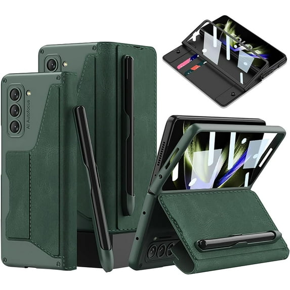 Compatible with Samsung Galaxy Z Fold 5 Case with Screen Protector,Hinge Protection 2 Card Slots Detachable S Pen Holder Anti-Scratches Shockproof Wallet Case for Samsung Galaxy Z Fold 5 Green