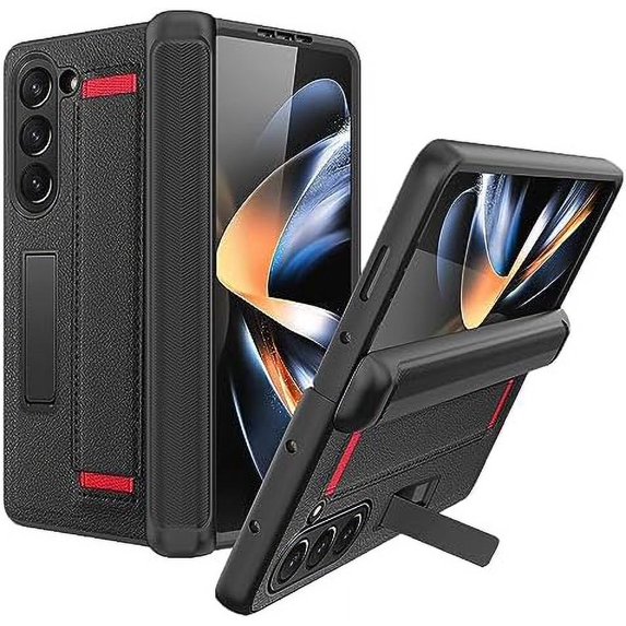 Compatible for Samsung Galaxy Z Fold 5 Case with Screen Protector,Hinge Protection Case with Magnetic Kickstand and Wrist Strap Wireless Charging Support for Samsung Galaxy Z Fold 5 5G Black Red