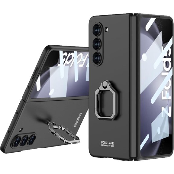 Compatible with Samsung Galaxy Z Fold 5 Case with Screen Protector,Ultra-Thin Slim Shockproof Anti-Scratches Rotate Ring Kickstand Stand Phone Case for Samsung Galaxy Z Fold 5 5G Black
