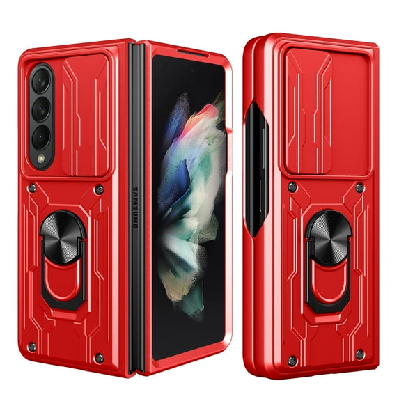 Compatible for Samsung Galaxy Z Fold 5 Hybrid Case with Camera Lens Slide Cover | Rotatable Ring Holder Kickstand | Impact-Resistant Car Mount Magnetic | Detachable Card Slot Protective Shell, Red