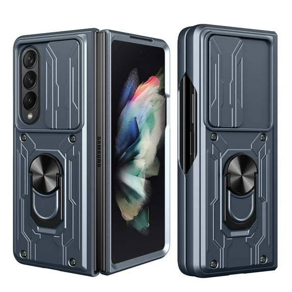 Compatible for Samsung Galaxy Z Fold 5 Hybrid Case with Camera Lens Slide Cover | Rotatable Ring Holder Kickstand | Impact-Resistant Car Mount Magnetic | Detachable Card Slot Protective Shell, Gray